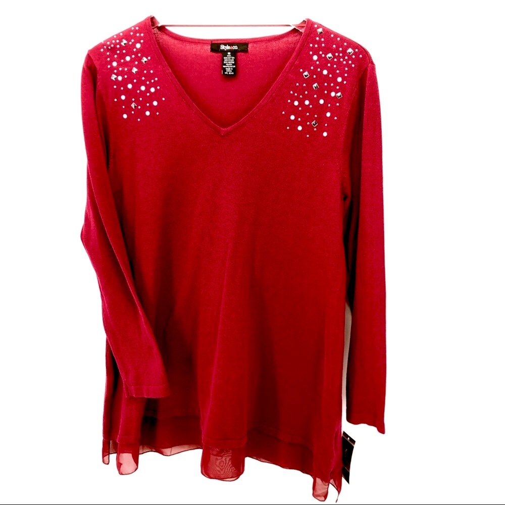 New Style‎ & Co Medium Blouse Sweater Studded Embellishment Holiday Long Sleeves